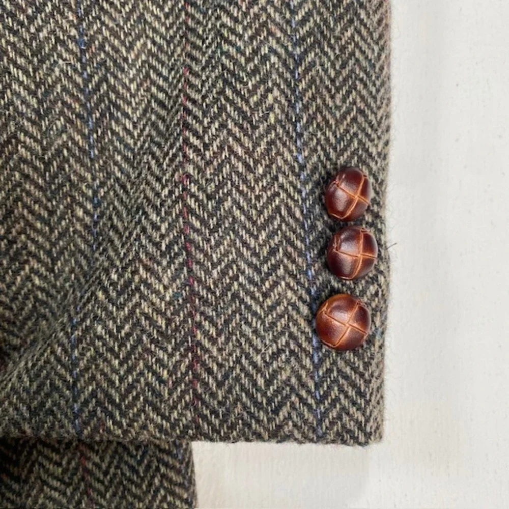 Mens 44L Brown Tweed Herringbone 100% Wool Blazer Jacket English Manor - Picture 12 of 15
